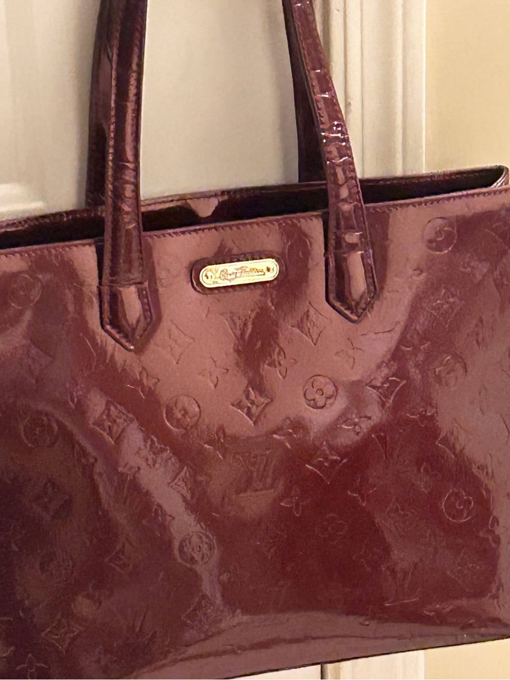 Authentic Louis Vuitton Wiltshire GM Monogram Patent Tote in Deep Burgundy.